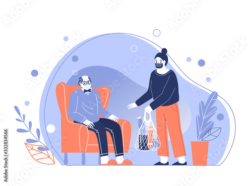 Young woman help older man and bring home food for him. Caring for elderly pensioners during quarantine. Coronavirus epidemic.