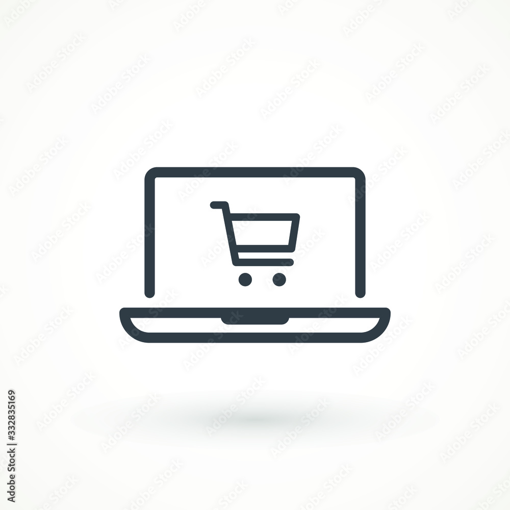 Computer display with shopping cart line icon, vector sign, linear style pictogram isolated on white. Online shoping basket symbol, logo illustration. Computer display with shopping cart line icon, vector sign, linear style pictogram isolated on white. Online shoping basket symbol, logo illustration.