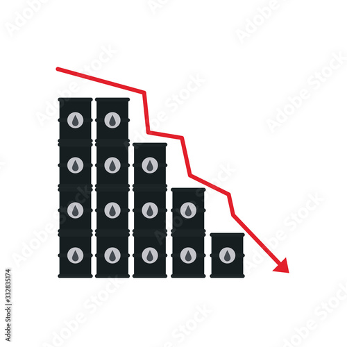 stack of oil barrels and decrease financial arrow icon, flat style