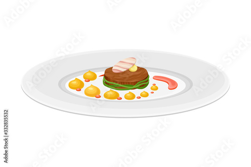 Grande Cuisine with Meticulous Food Preparation and Serving on Plate with Fancy Garnish Vector Illustration