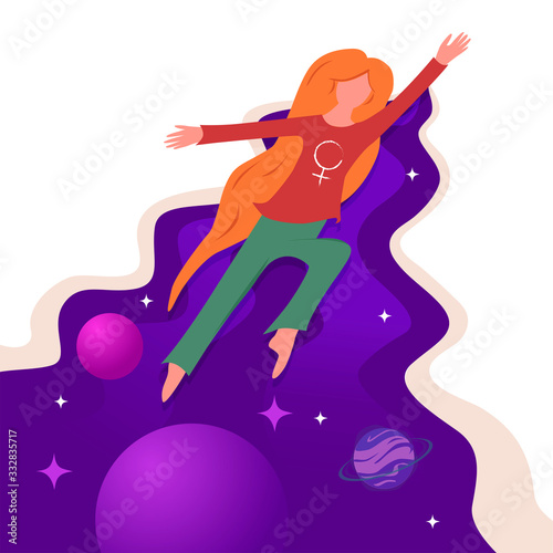 Female superhero is flying through space. Isolated object on a white background. Hand-drawn vector illustration. Flat style design. Concept, element of feminism, girl power.