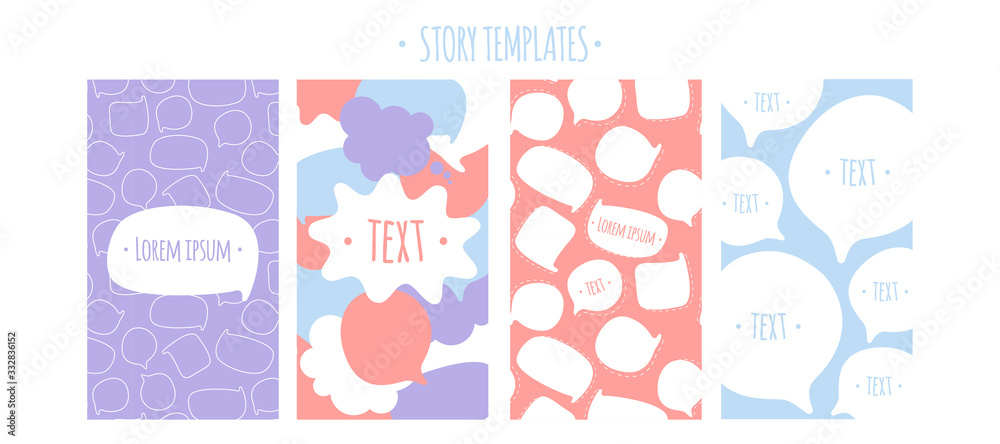 Promotion web banners for social media mobile apps. Promo backgrounds with speech bubbles. Editable templates for social networks stories, story. Social media pack. Vector stock illustration.
