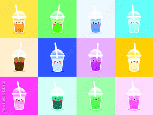Icons set Vector Bubble Tea, tapioca milk tea. Pearl milk tea, Bubble Tea is Taiwanese famous and popular drink. Boba and small boba. Kawaii Character Boba. Cute Cartoon Sticker.