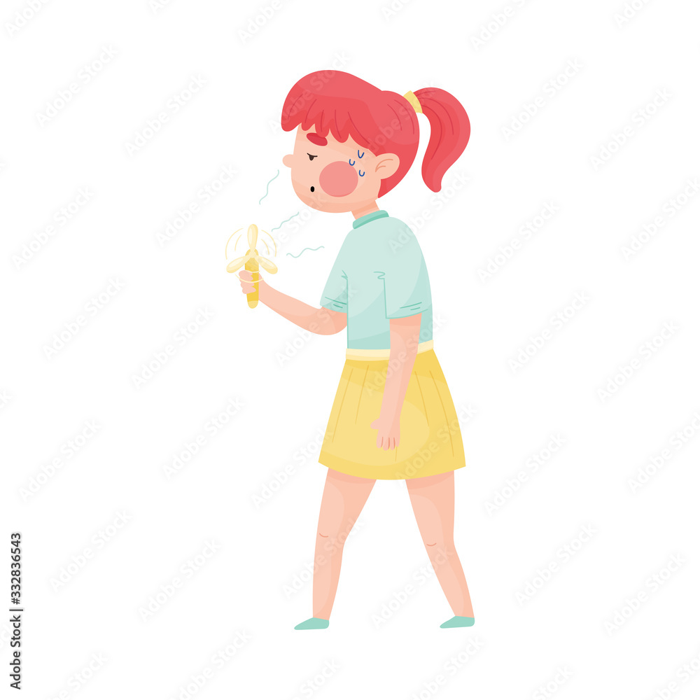 Red-haired Girl Using Fan Because of Hot Weather Vector Illustration Red-haired Girl Using Fan Because of Hot Weather Vector Illustration
