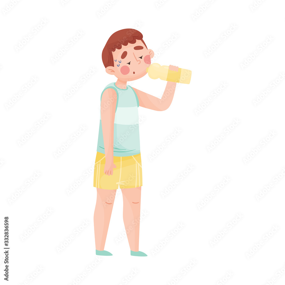 Boy in T-shirt Drinking Cool Water from Bottle Because of Hot Weather Vector Illustration Boy in T-shirt Drinking Cool Water from Bottle Because of Hot Weather Vector Illustration