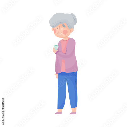 Senior Woman Holding Glass of Cool Water Vector Illustration