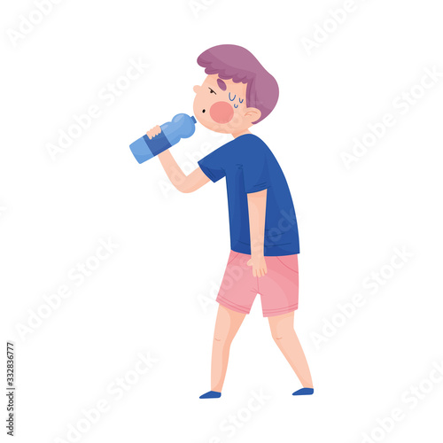 Boy in T-shirt Drinking Cool Water from Bottle Because of Hot Weather Vector Illustration