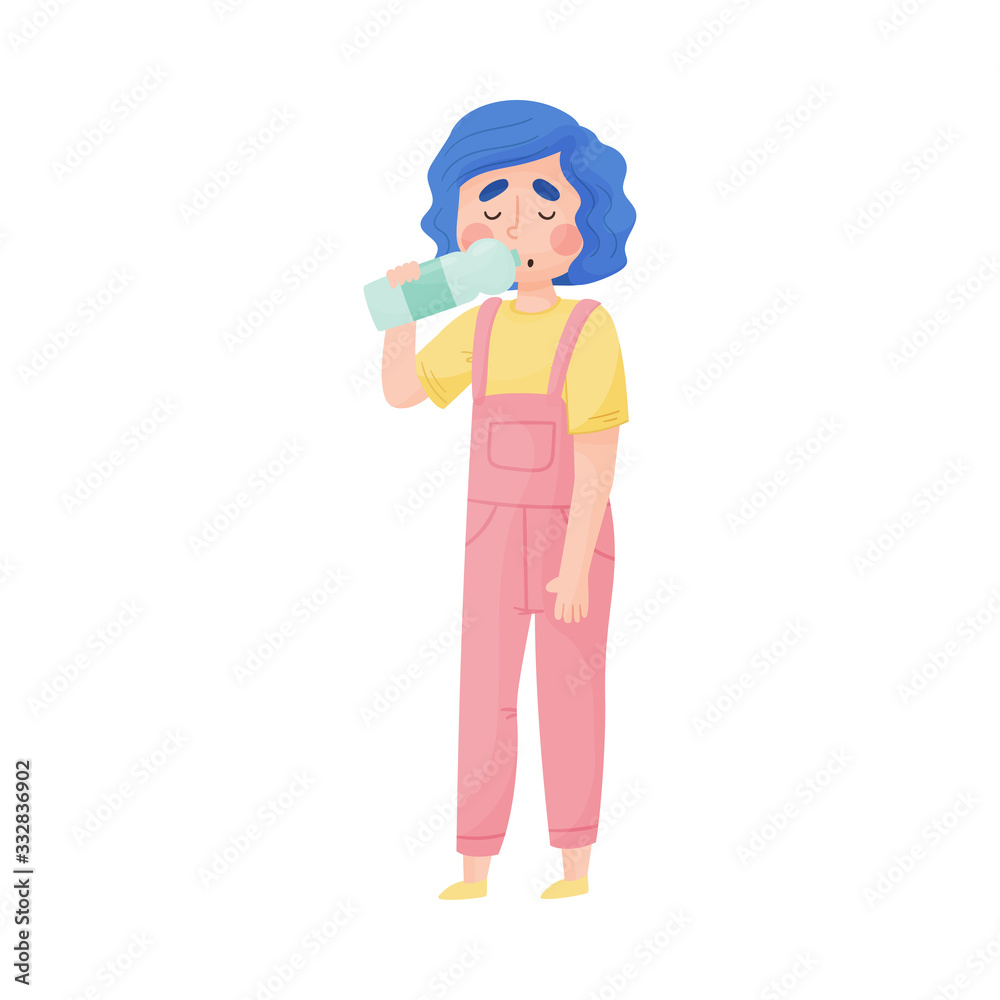 Young Girl Holding Bottle of Cool Water and Drinking Vector Illustration Young Girl Holding Bottle of Cool Water and Drinking Vector Illustration