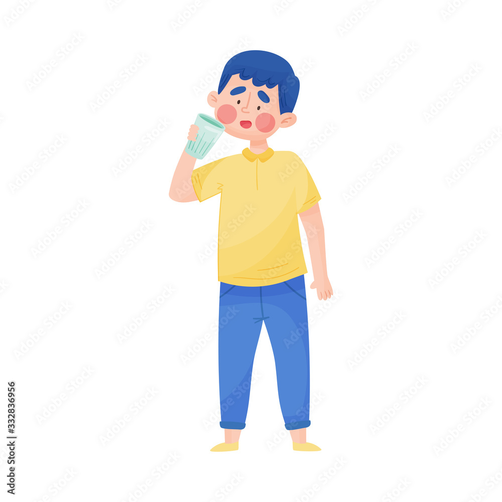 Young Boy Holding Glass of Cool Water and Drinking Vector Illustration
