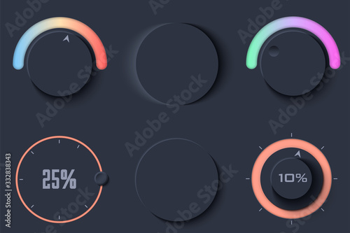 Neumorphic UI circle Dark color set. Workflow graphic elements in Skeuomorph Trend Design. Circular Elements for smart technology and applications. Editable Vector illustration. photo