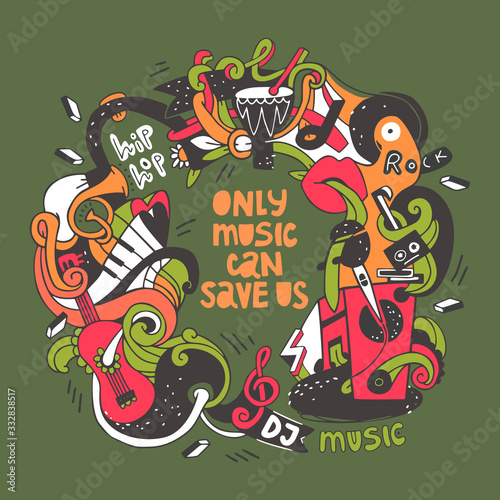 Doodle hand drawn vector illustration with different musical elements.  Festival, live event, disco. Khaki color background image can be used for banner, poster, invitation, postcard, t shirt.