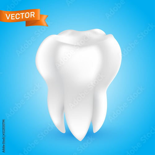 White healthy and clean human tooth, 3D style vector glowing teeth illustration isolated on blue background, can be used as a whitening procedure, dental health icon or in dentistry web design element