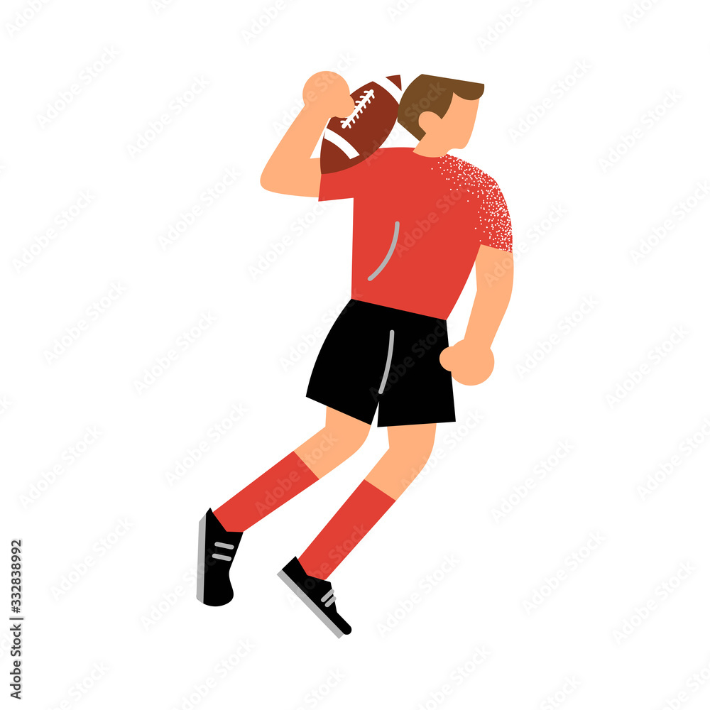 Male rugby player in the black shorts running with the ball. Vector illustration in flat cartoon style.
