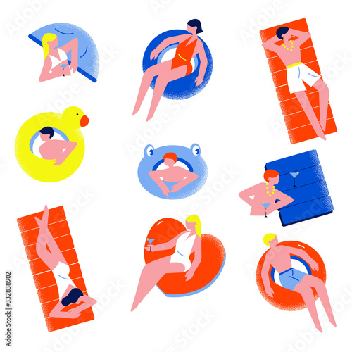 Set of relaxing people on inflatable rings, air mattresses of different shapes. Vector illustration in flat cartoon style.
