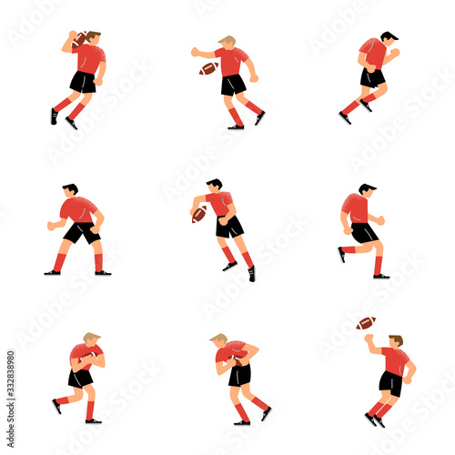 Set of rugby team player characters in different action poses. Vector illustration in flat cartoon style.