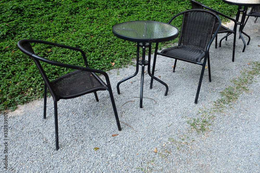leisure corner with chairs and table outdoor green natural background leisure corner with chairs and table outdoor green natural background