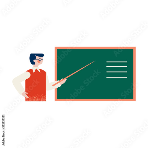 A school teacher in glasses explaining with pointer near the blackboard. Vector illustration isolated on white background