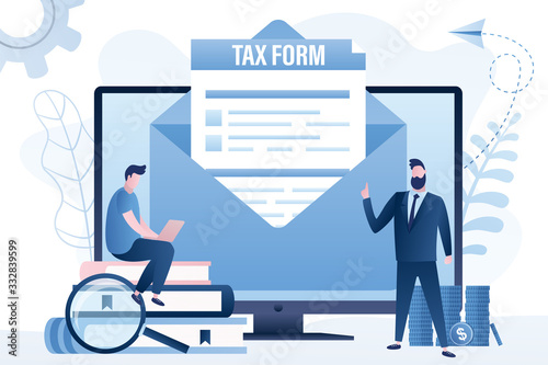 Online tax. Mail with documents on monitor screen. Filling and submitting tax reports. Financial online technology.