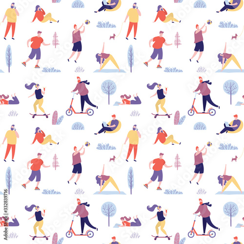 Seamless pattern with active people spending time in the park. Various characters outdoor.