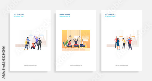 Set of people blaming mate. Flat vector illustrations of friends chatting or pointing at colleague. Communication, aggression concept for banner, website design or landing web page