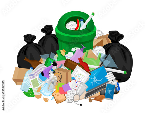 pile of garbage waste and bag plastic at green recycle bin isolated on white, plastic garbage waste many, plastic waste dump and bin green, illustration stack plastic waste and bin separation recycle