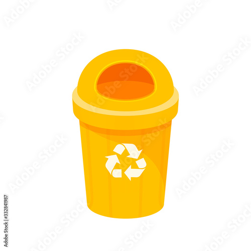 yellow bin isolated on white background, clip art of recycle bin small, illustration yellow bin plastic, flat icon bin waste, yellow trash can, dustbin for garbage with recycle symbol