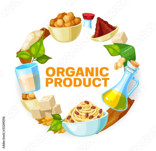 Soy bean food vector design of soya legumes products. Soybean milk, oil and sauce bottles, tofu and miso paste, soya meat skin, flour bag and bowl of soybean noodles frame with green leaves, soy beans