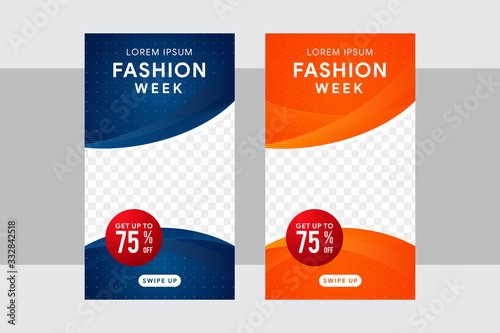 Trendy editable vertical Stories banner template. Design for social media posting update. story design template with orange and blue curve of horizon. Space for photo. curve line and dot pattern. 