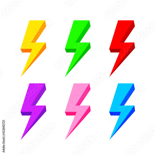 thunder icon colorful isolated on white background, thunder storm symbol set, clip art thunder collection, logo thunder yellow, green, red, purple, pink and blue colors