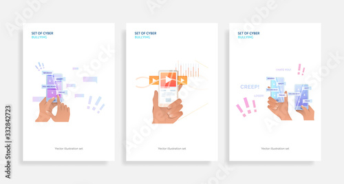 Set of cyber bullying. Flat vector illustrations of phone in hands with abusive messages on screen, users rate. Internet hate concept for banner, website design or landing web page