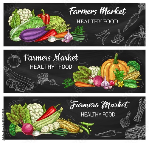 Vegetable chalkboard banners with vector chalk sketches of carrot, tomato, pepper and chilli. Radish, garlic, onion and broccoli, cabbage, eggplant, pea and corn, cauliflower, asparagus and zucchini