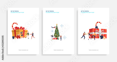 Set of people celebrating New Year. Flat vector illustrations of friends dancing near big gift boxes and decorating spruce. New Year or Christmas concept for banner, website design or landing web page