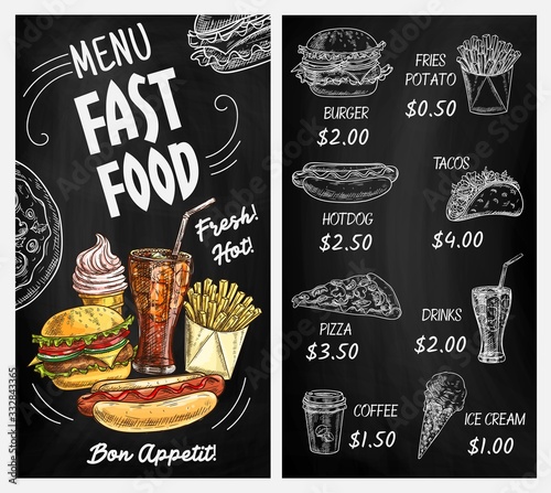 Fast food restaurant blackboard menu with chalk sketches of burgers and drinks. Hamburger, hot dog, pizza and french fries, cheeseburger, soda and coffee, ice cream and tacos, chalkboard menu design