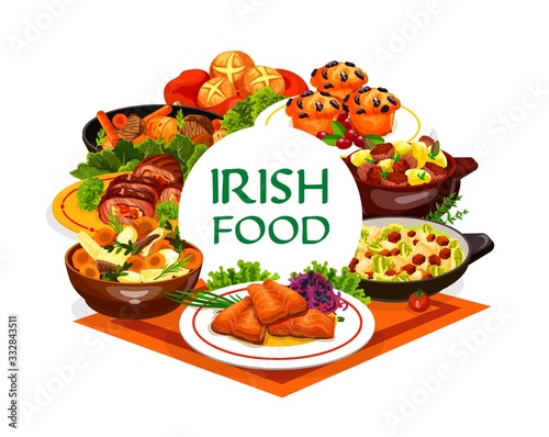 Irish cuisine food vector design of vegetable meal with meat stews and fish dishes. Mashed potato colcannon, red cabbage salad, grilled salmon, beef and lamb, soda bread and lingonberry cupcakes