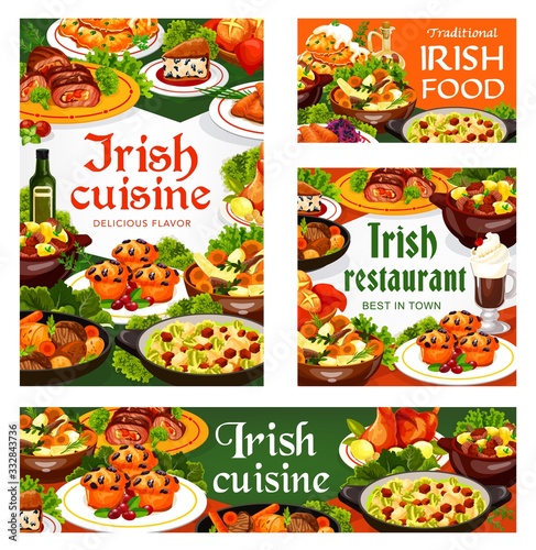 Irish cuisine meat, vegetable and fish meal with desserts, vector food. Beef, lamb and rabbit stews, potato pancakes, cabbage salad and grilled salmon, soda bread, lingonberry cupcakes and colcannon