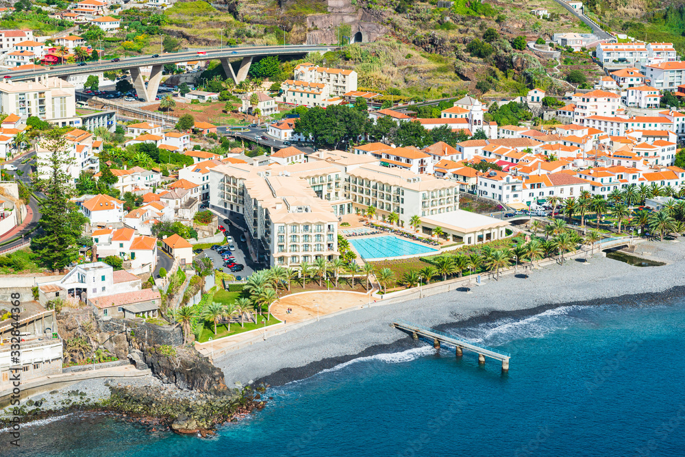 Aerial view of buildings and coastline, Madeira