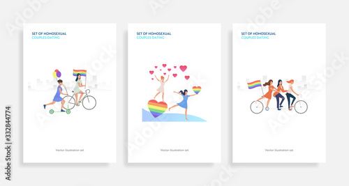 Set of homosexual couples dating. Flat vector illustrations of homosexuals with rainbow hearts. LGBT concept for banner, website design, landing web page