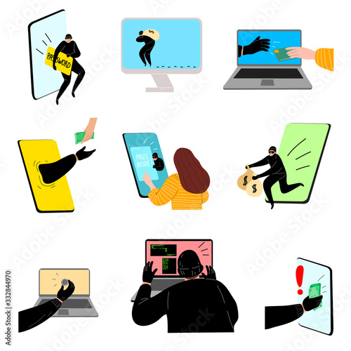 Set of hacking the internet social network concept. Vector illustration in flat cartoon style.