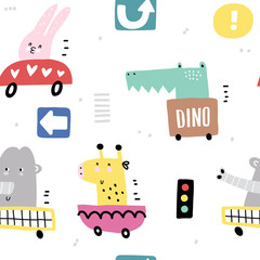 Keuken achterwand Dieren onderweg patronen Childish pattern with cute animals in cars. Great background for fabrics and textiles, nursery wallpaper. Vector Illustration.  © bukhavets