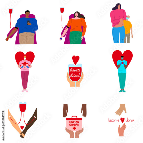 Set of various blood donors and transfusion characters. Vector illustration in flat cartoon style.