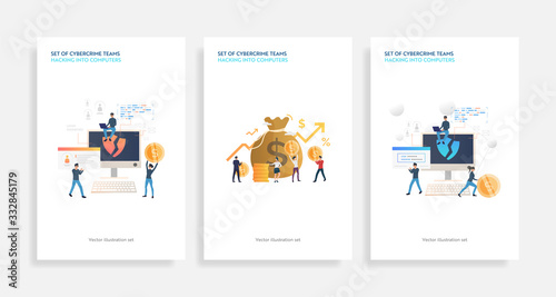 Set of cybercrime teams hacking into computers. Flat vector illustrations of hackers breaking private info. Hacker attack concept for banner, website design or landing web page