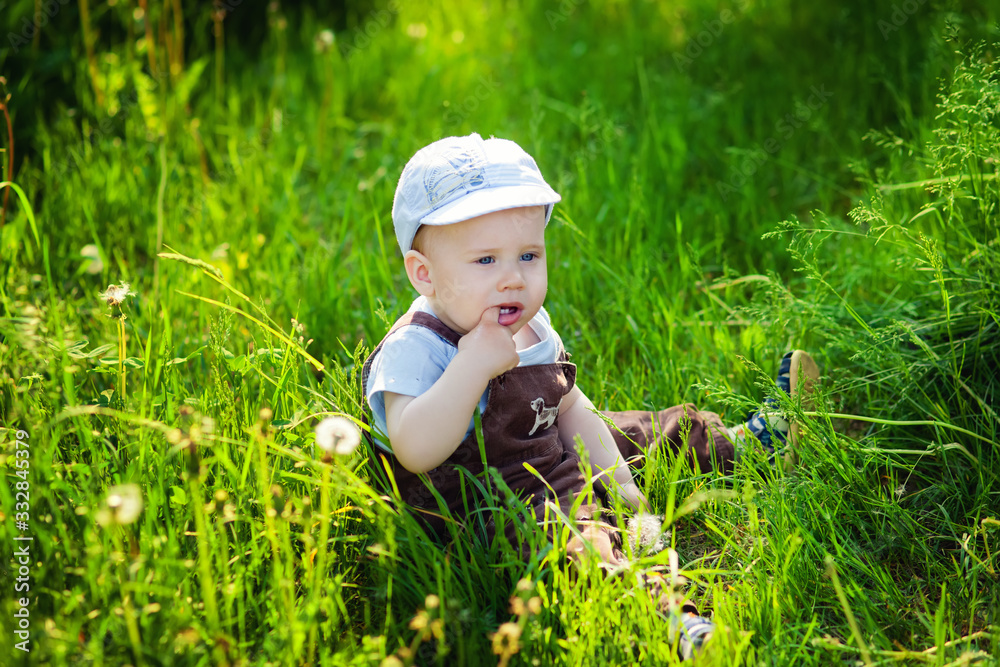 A small boy with light hair in a cap and blue shirt and brown overalls in the summer in a field of flowers explores nature. Sun. A small boy with light hair in a cap and blue shirt and brown overalls in the summer in a field of flowers explores nature. Sun.