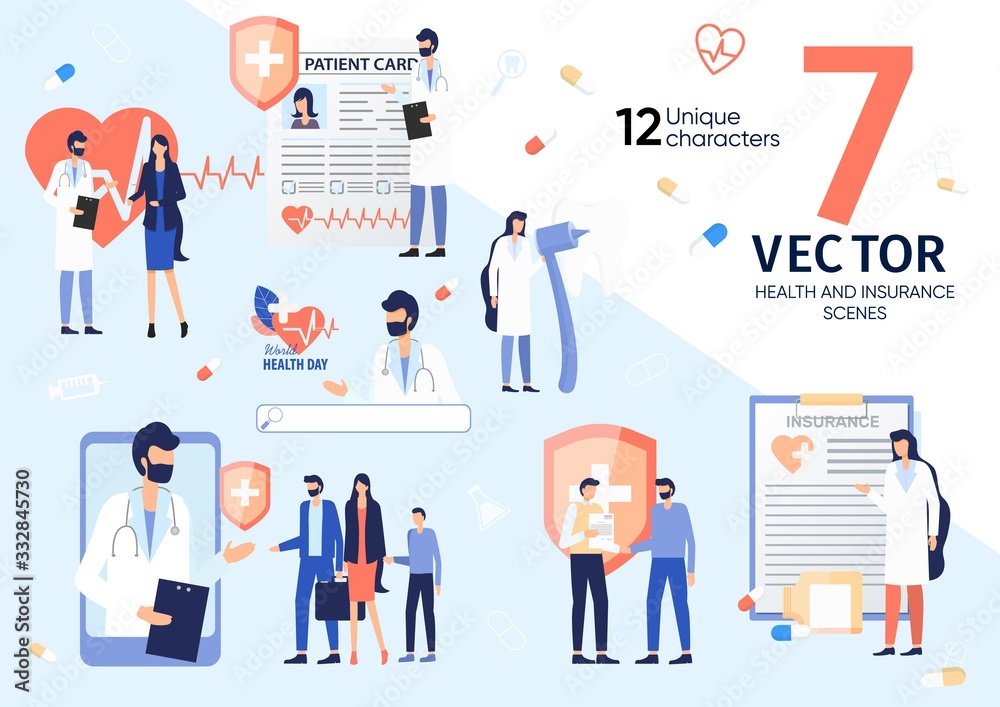 Family Doctor, Dentist, Cardiologist, Clinic Patients Characters, Work Scenes, Situations Set. Healthcare Insurance, Health Day Holiday, Online Medical Service Concept Trendy Flat Vector Illustrations