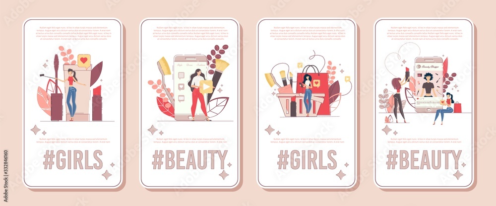 Fashion and Style Video Content Maker, Woman Vlogger, Beauty Channel Streamer Vertical Banner, Poster Set. Ladies Recording Video, Streaming Online, Interacting with Audience Flat Vector Illustration