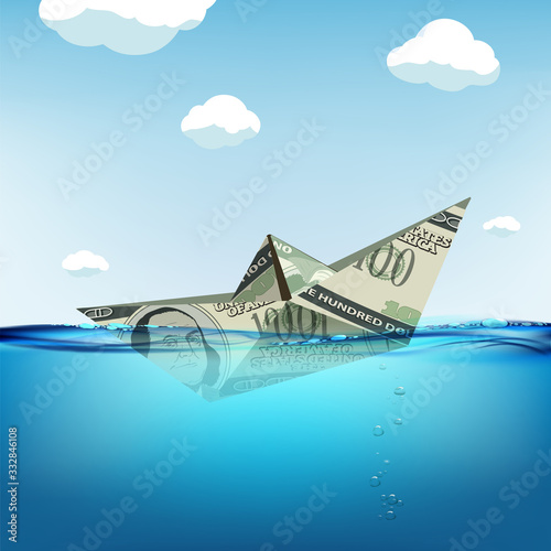 Paper boat made from dollar currency sinking in water