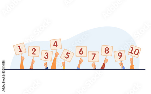 Jury giving evaluation and showing scorecards. Set of human hands holding cards with numbers, amount of scores, points. Vector illustration for competition, contest, judge, feedback, game concept