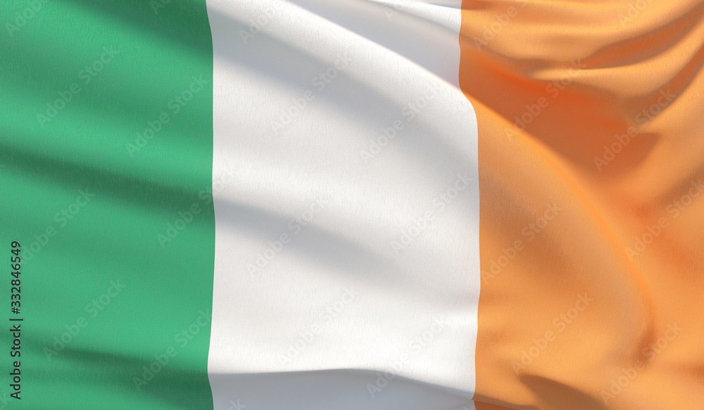 Waving national flag of Ireland. Waved highly detailed close-up 3D render.
