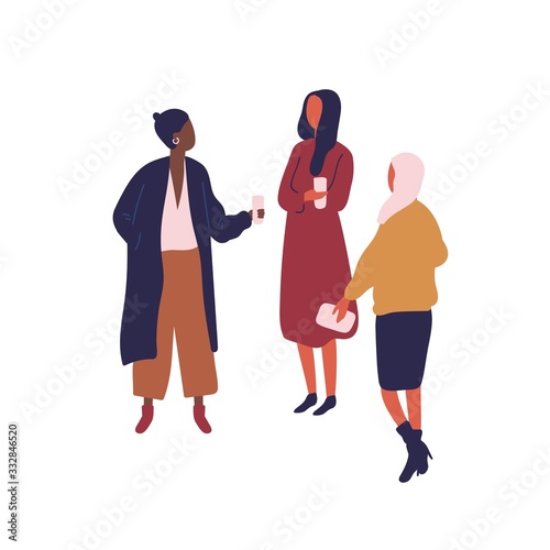 Diverse cartoon woman drinking coffee and talking vector flat illustration. Three female friend holding cup of beverage enjoy discussing isolated on white. Friendly conversation of colorful girl