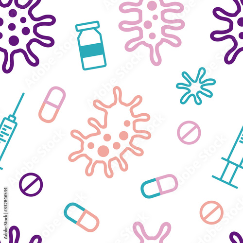 Vector seamless pattern with viruses, bacteria, vaccine, syringe, drug, pills on white background. Symbols of virology, epidemiology, vaccination. Disease prevention