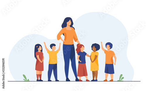 Group of pupils with female school teacher. Diverse children standing by young woman. Vector illustration for pedagogy, kindergarten, education concept